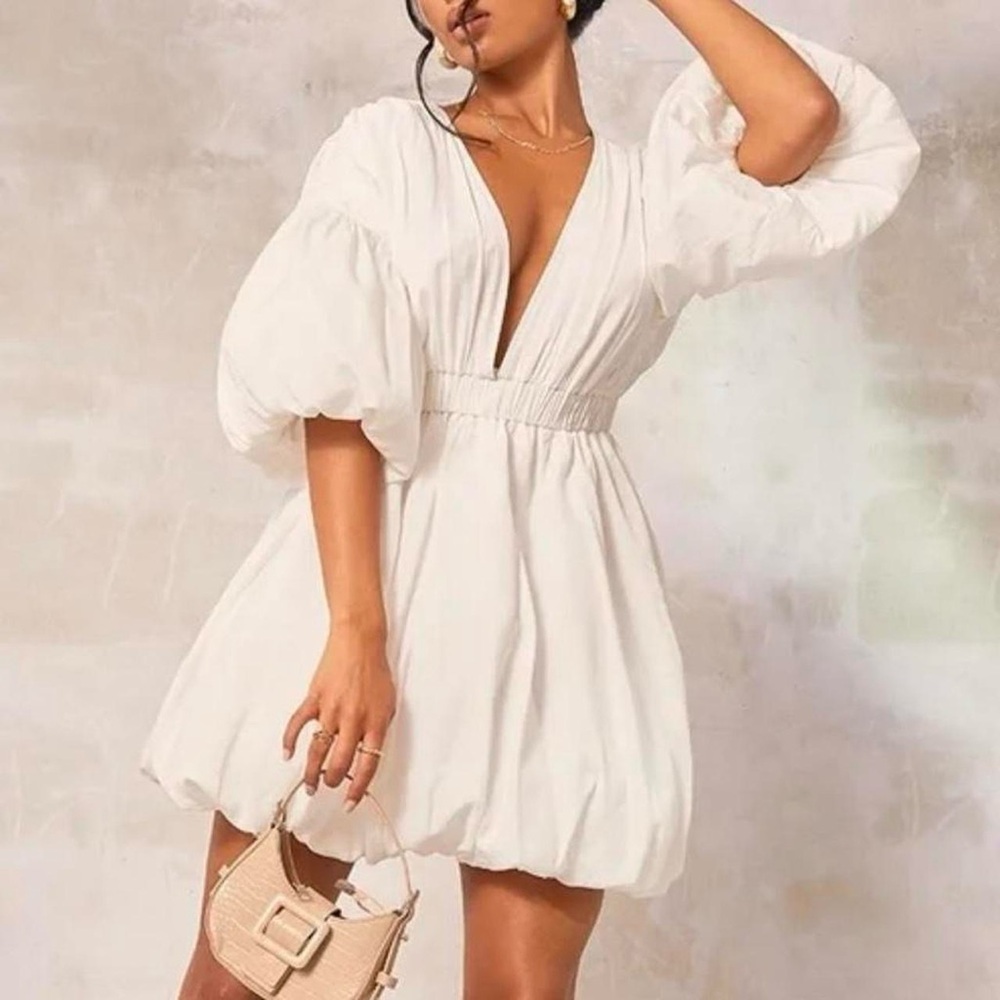 PrettyLittleThing White Puff Sleeve Puff Hem Mini Dress